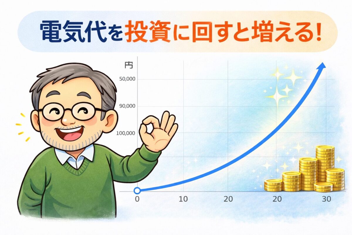 電気代を投資に回して増えるイメージのグラフとゆるおじのイラスト