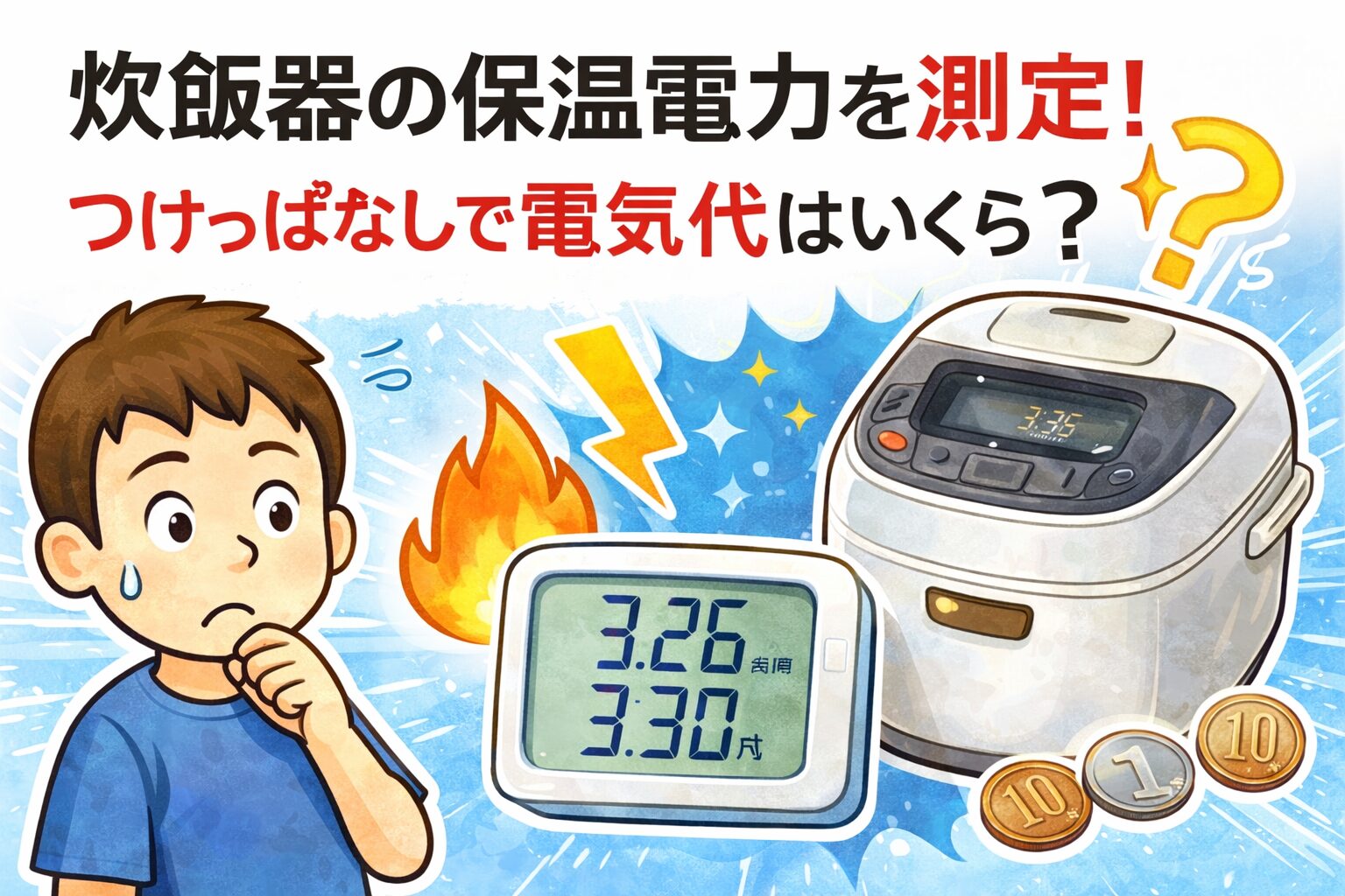 炊飯器の保温電力を測定し、つけっぱなし時の電気代を解説するアイキャッチ画像