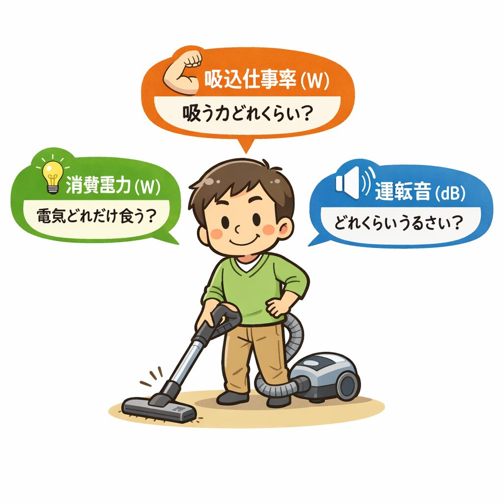 サイクロン掃除機の比較ポイント(吸引力・電気代・静音性)をイメージしたイラスト