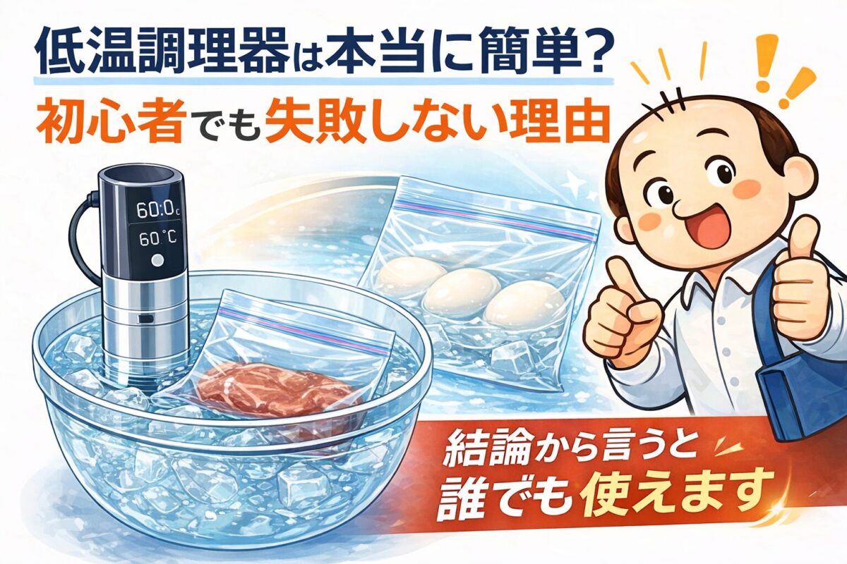 低温調理器の使い方を解説するイラスト｜袋に入れた食材を湯せんする様子
