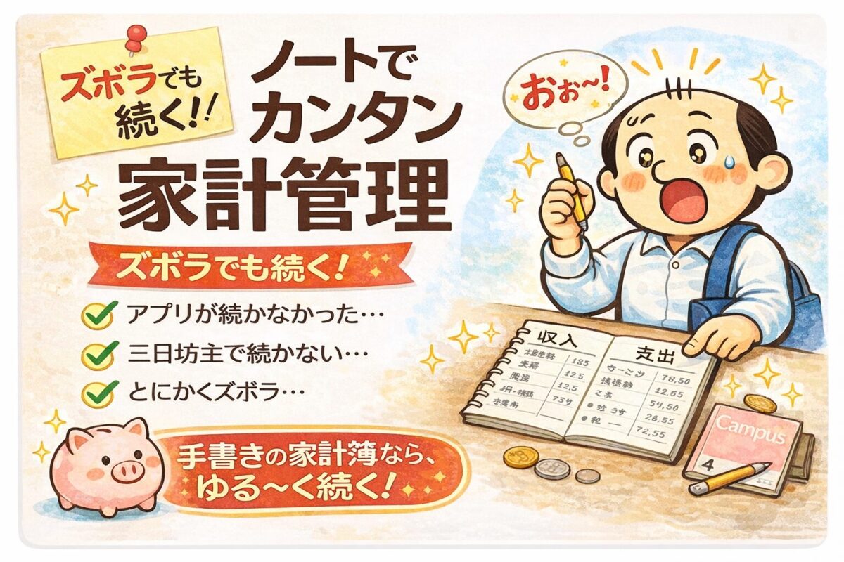 ノート家計簿で簡単に収支管理する方法を紹介するゆるおじのアイキャッチ