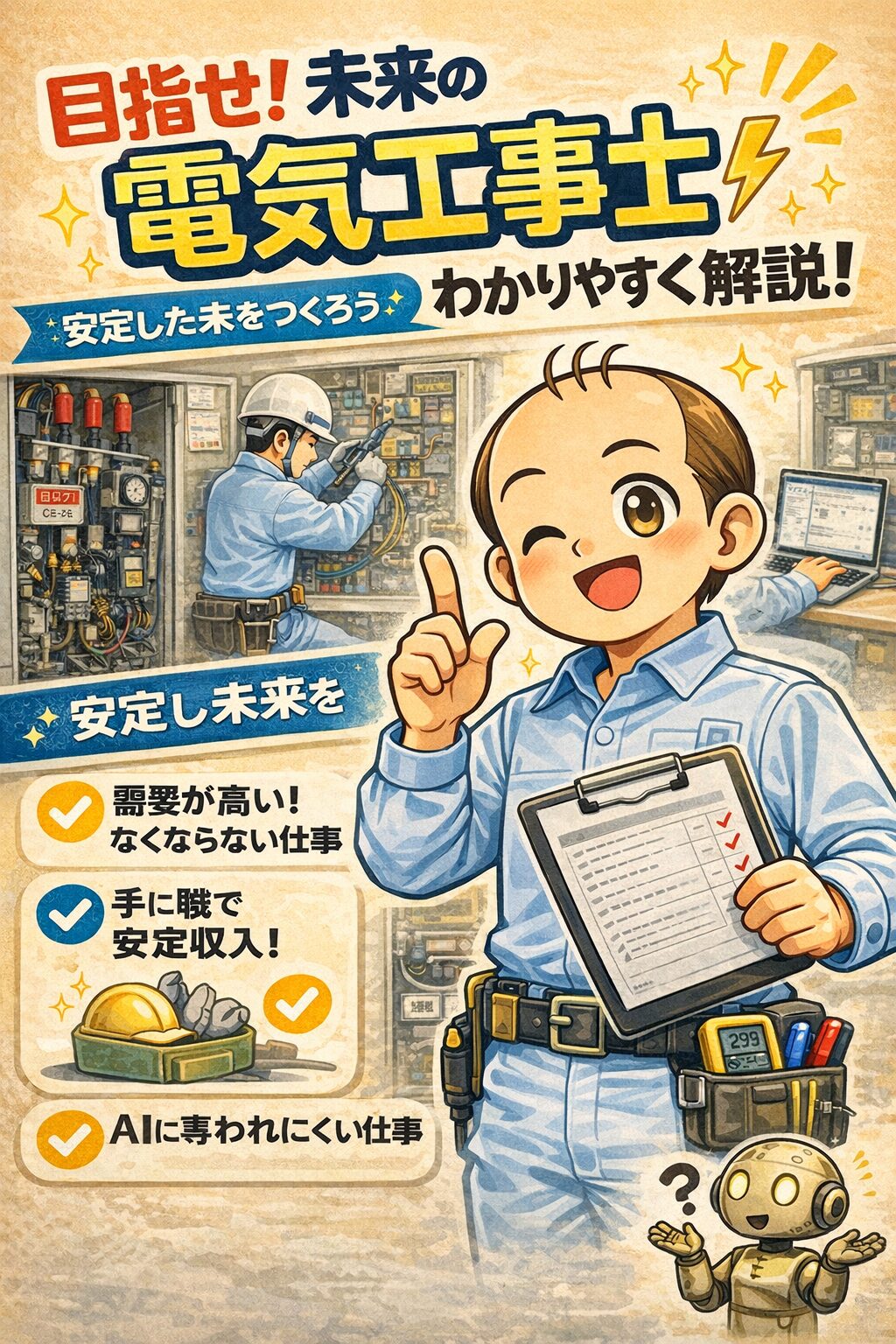 電気工事士の仕事内容と魅力を紹介するイラスト（需要が高く安定収入でAIに奪われにくい仕事）
