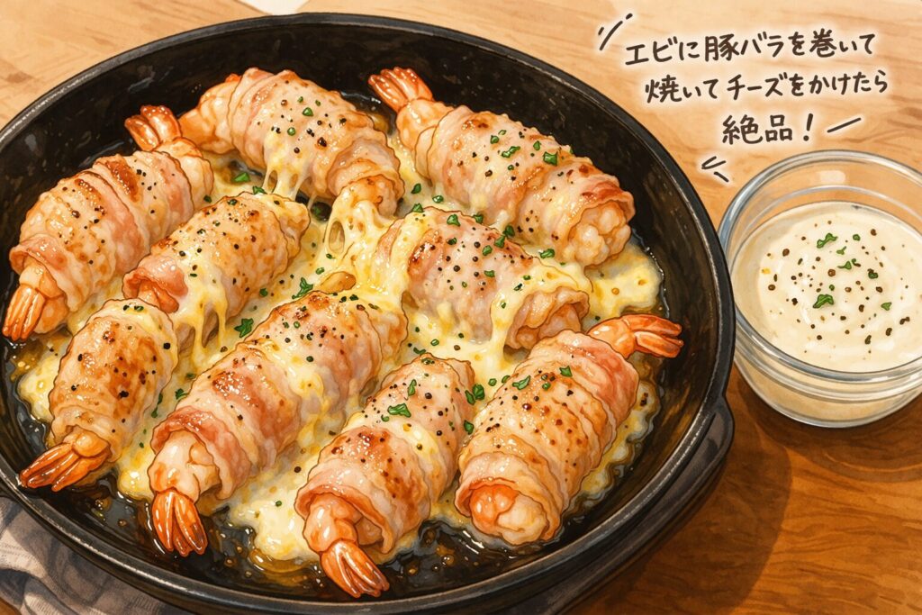 エビサムギョプサルのレシピ完成写真｜豚バラ巻きエビをフライパンで焼いてチーズをかけた料理
