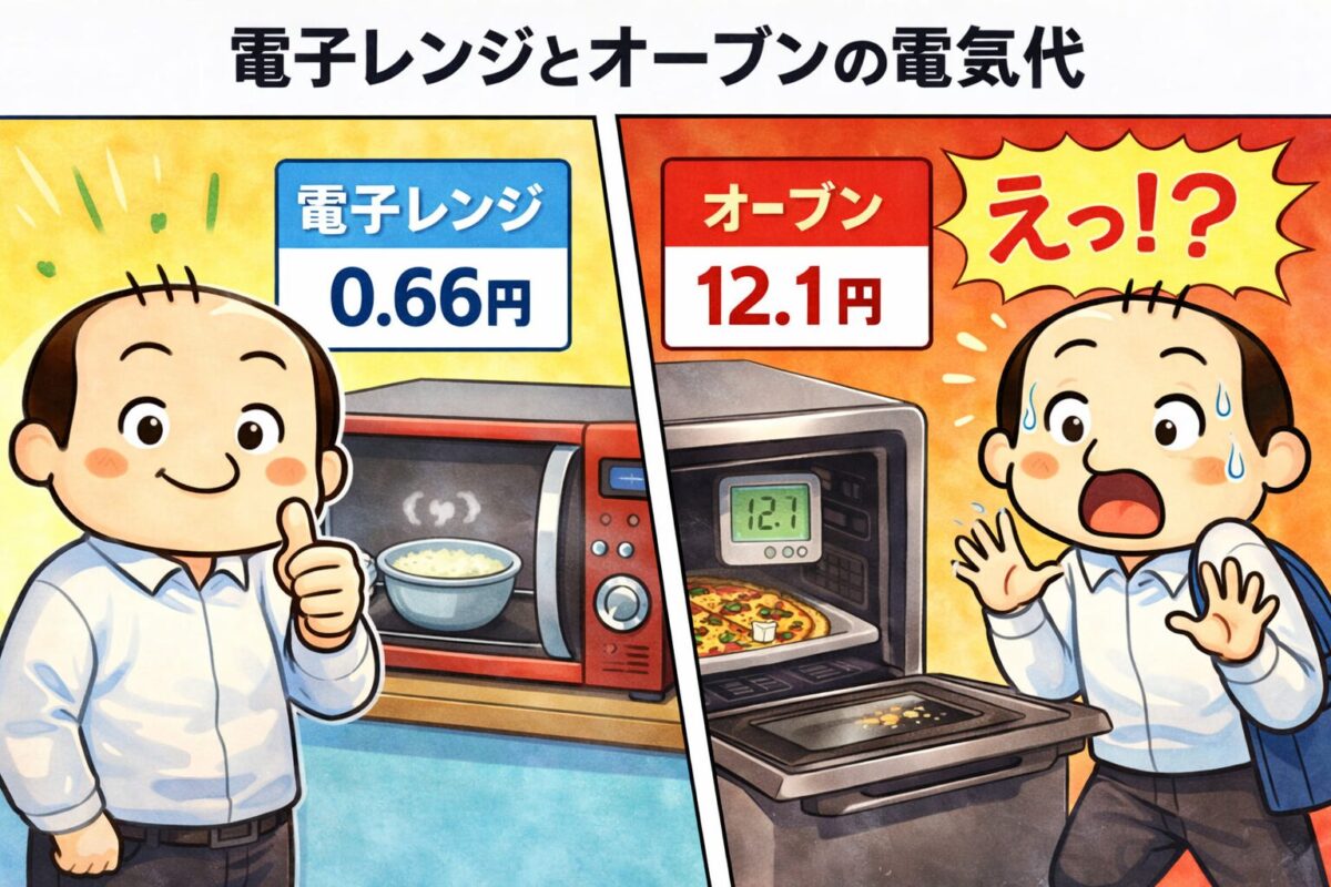 電子レンジ0.66円とオーブン12.1円の電気代を比較したイラスト