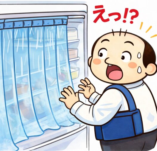 冷蔵庫に冷気カーテンを設置して冷気の流出を防ぐゆるおじのイラスト