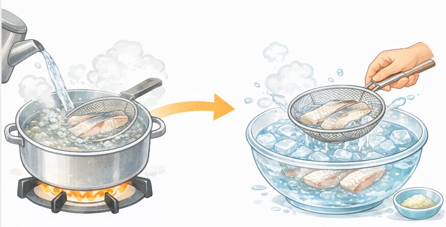 霜降りのやり方(熱湯にくぐらせて氷水で冷やし臭みとぬめりを取る方法)