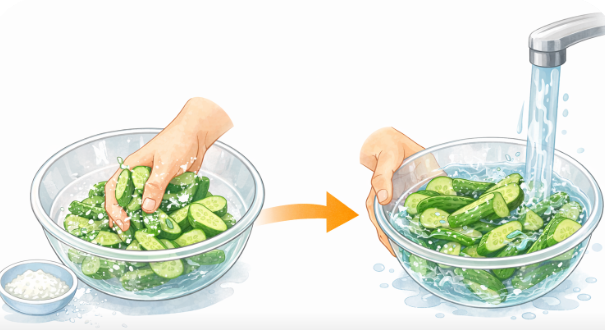 塩もみでぬめりを取る方法(きゅうりを塩でもみ水で洗い流す下処理)
