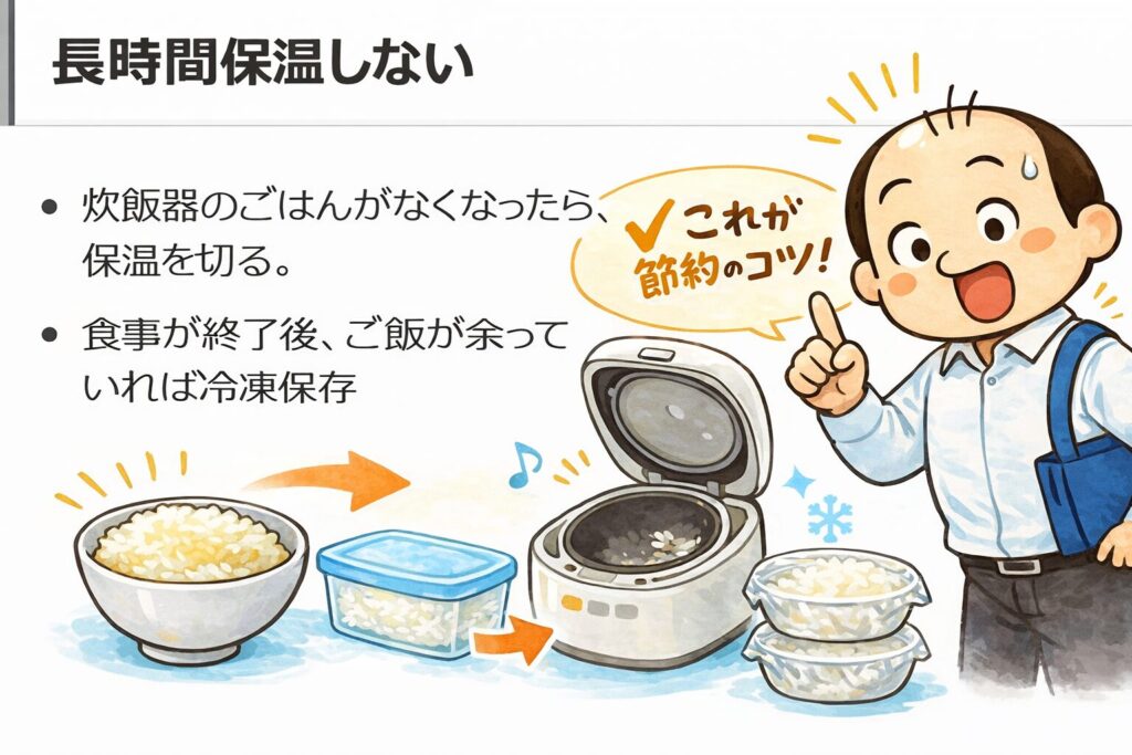 炊飯器は長時間保温せず、余ったご飯は冷凍保存するのが節約のコツを解説したイラスト