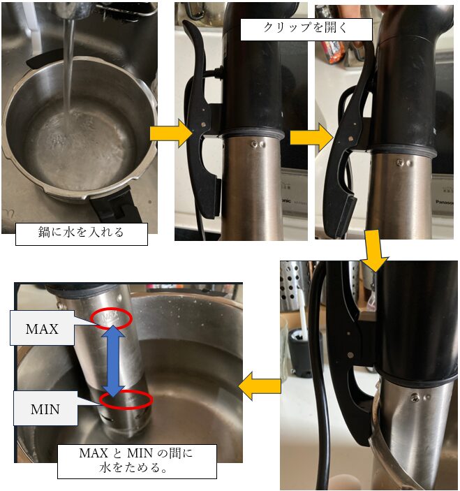 低温調理器の使い方①鍋に水を入れる手順|クリップの取り付け方法と水位(MIN〜MAX)の目安