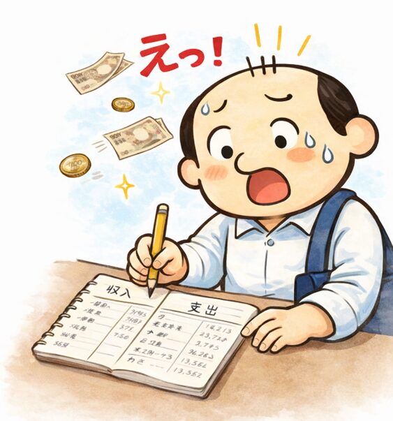 ノート家計簿で収支管理をしてお金に驚くゆるおじのイラスト