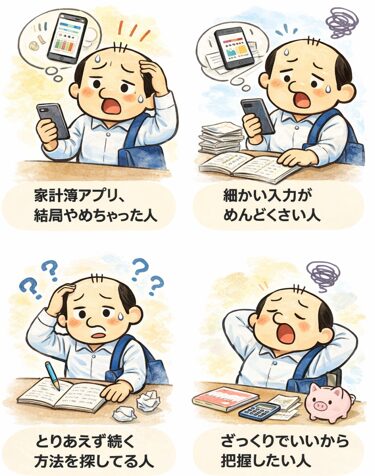 ノート家計簿がおすすめな人｜アプリが続かない・入力が面倒・簡単に管理したい人のイラスト