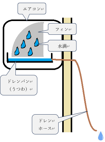 エアコン内部のフィンで発生した水がドレンパンに溜まり、ドレンホースを通って排出される仕組みの図