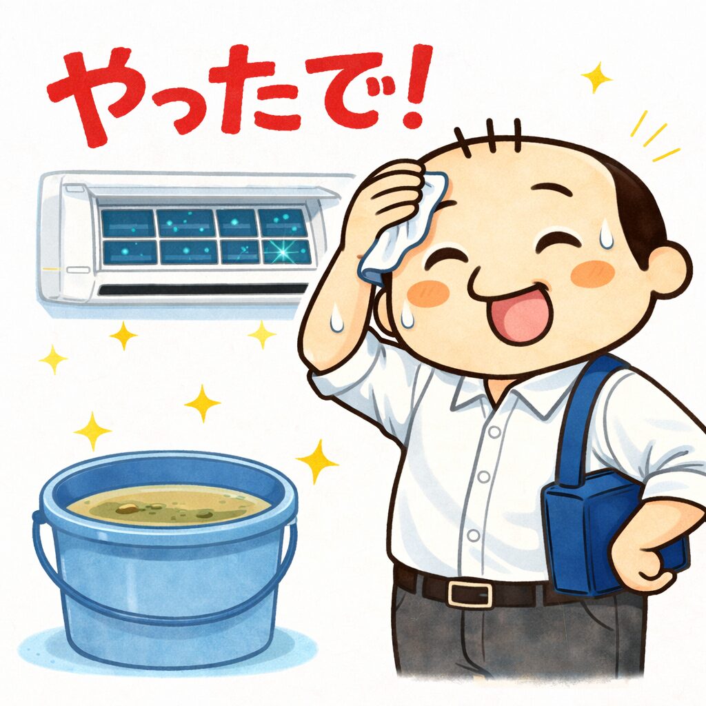 エアコン掃除を終えて汗を拭きながら喜ぶゆるおじと汚れた水のバケツ