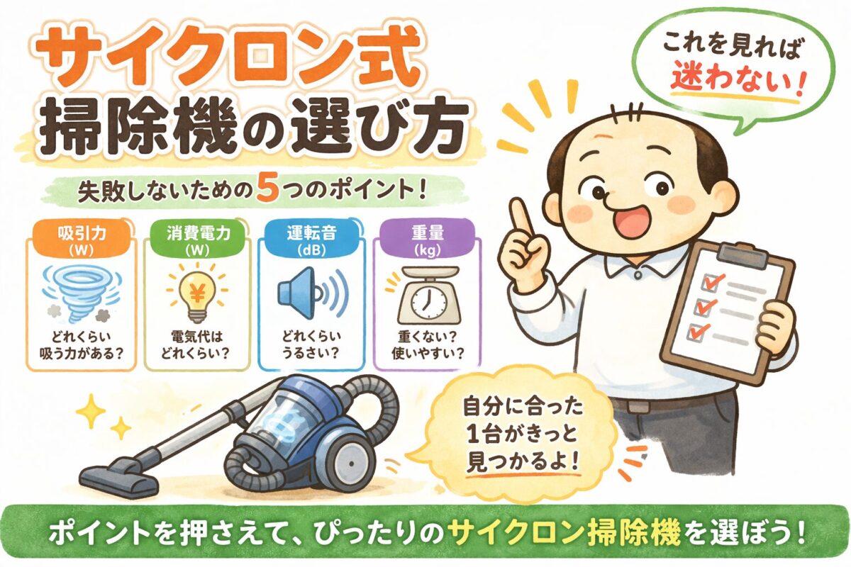 サイクロン掃除機の選び方を解説するゆるおじイラスト（吸引力・電気代・静音性・重量の比較ポイント）