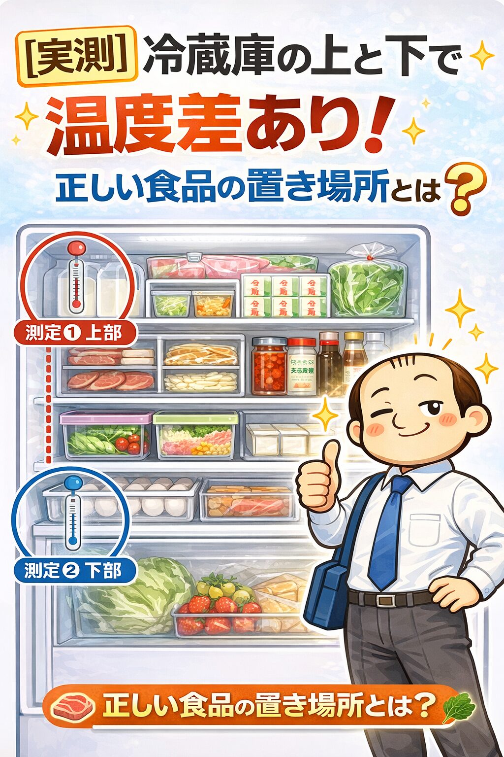 整理された冷蔵庫内と温度測定位置を示し、食品の正しい置き場所を解説するイメージ