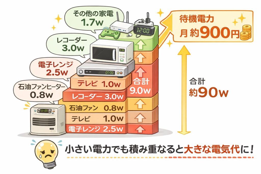 家電の待機電力が積み重なり電気代が増える様子を示した図（石油ファンヒーター・テレビ・電子レンジ・レコーダーなど）