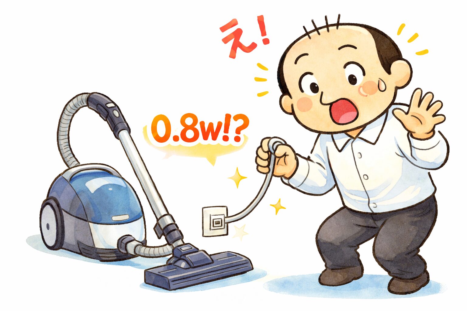 掃除機のコンセントを見て待機電力0.8Wに驚くゆるおじのイラスト