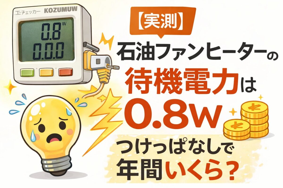 石油ファンヒーターの待機電力0.8Wを実測した結果と年間電気代のイメージ図
