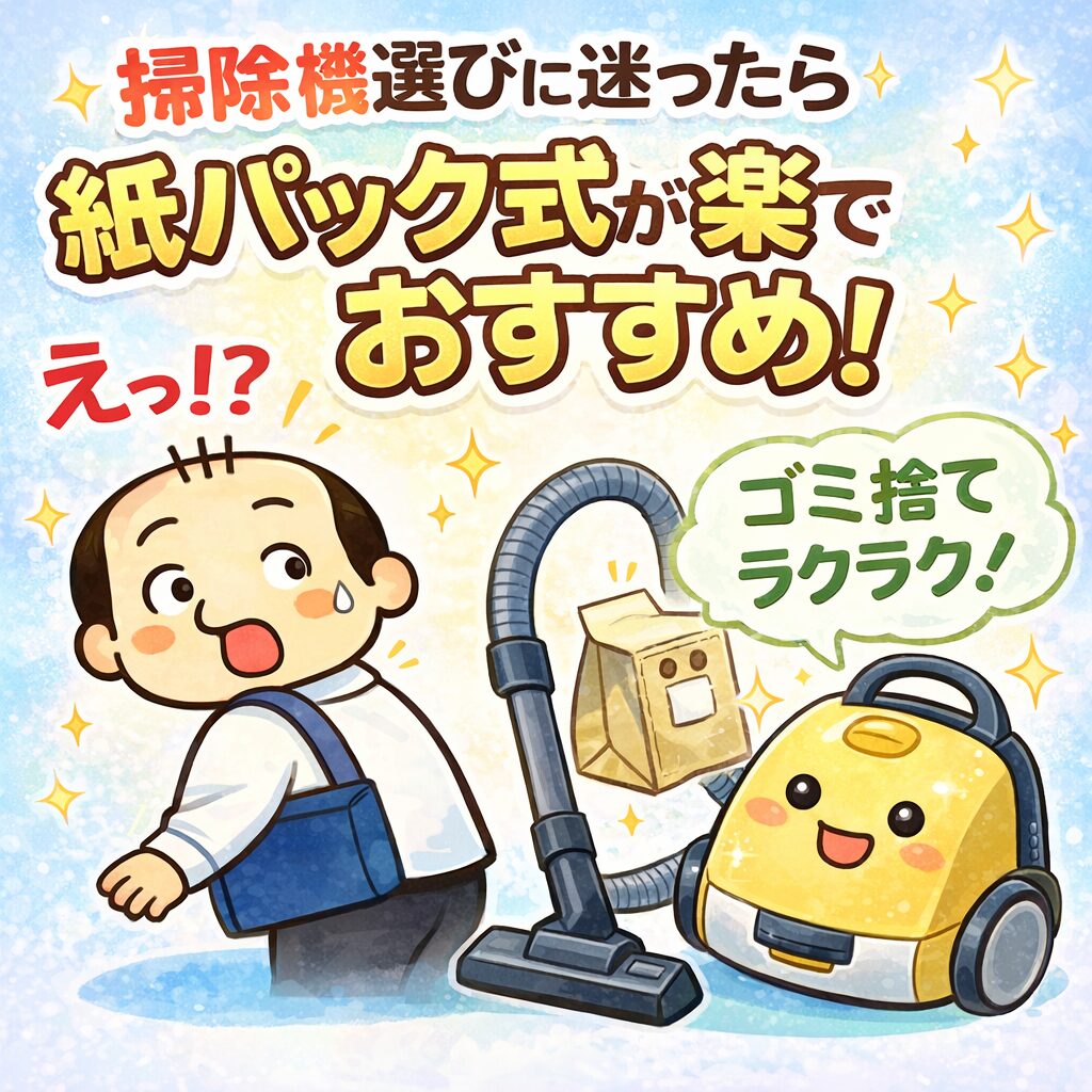 紙パック掃除機をおすすめするゆるおじのイラスト｜ゴミ捨てが楽で初心者向け