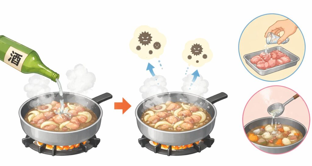 酒で臭みを飛ばす方法(加熱時にアルコールと一緒に臭みを除去)