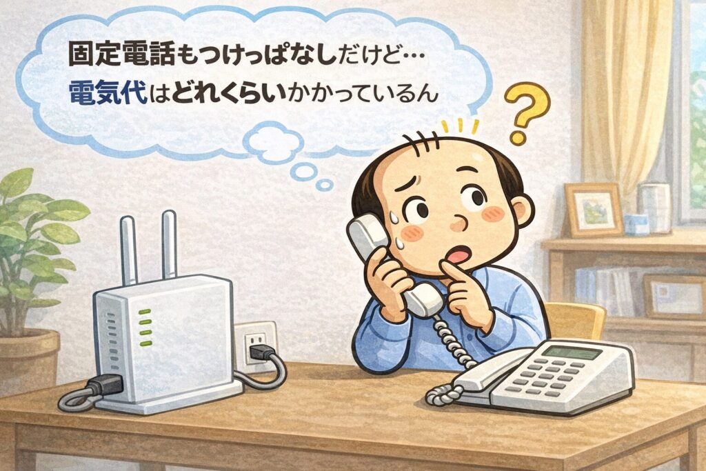 固定電話の待機電力とコンセントを抜くデメリットを考えるゆるおじのイラスト