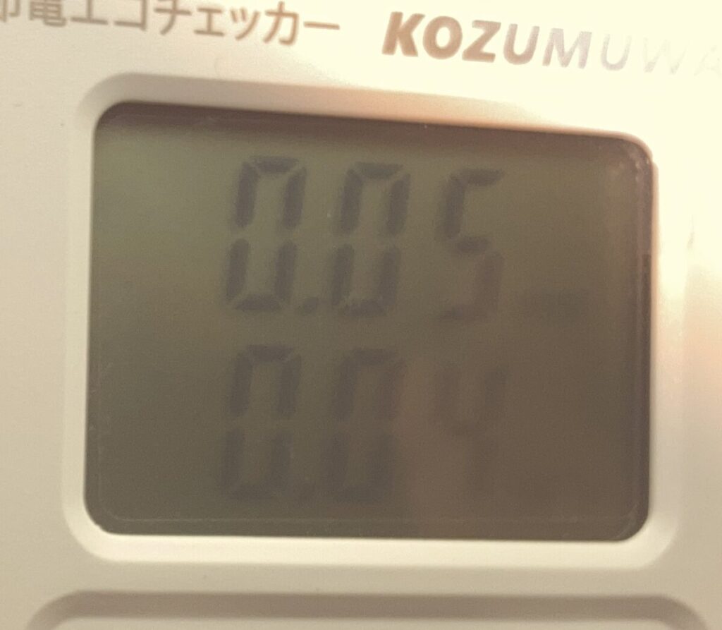 トースター4枚焼き時の消費電力量0.05kWhの測定結果（エコチェッカー表示）