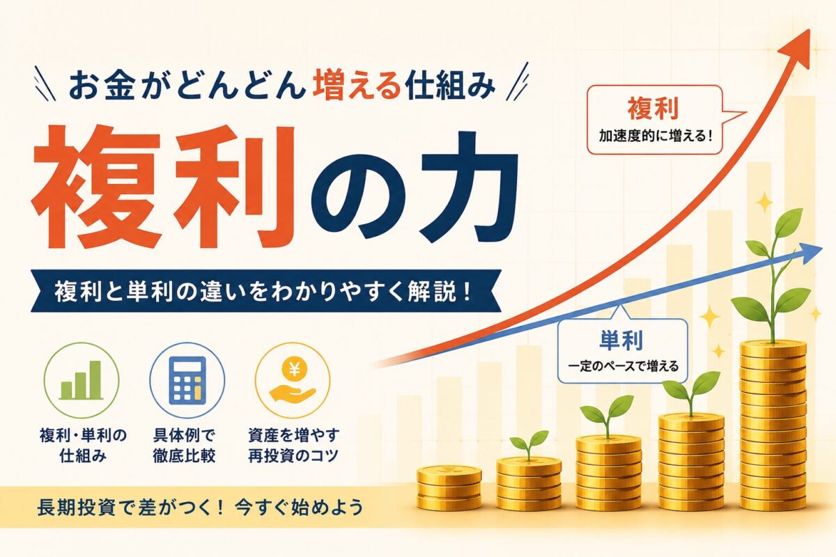 複利と単利の違いを比較しながら、お金が増える仕組みをグラフとコインのイラストで分かりやすく解説したアイキャッチ画像