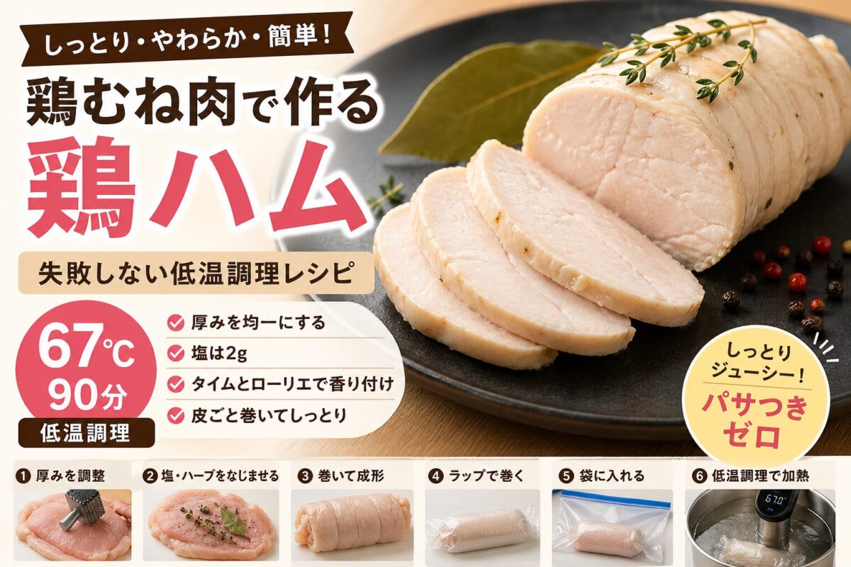 低温調理67℃90分で作ったしっとり鶏むね肉の鶏ハム。タイムとローリエで香り付けした手作りレシピ