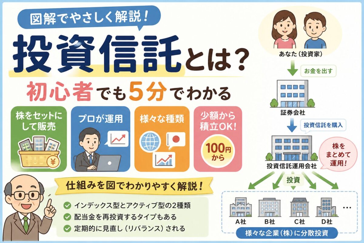 投資信託とは何かを図解で解説し、株をセットにして運用する仕組みや初心者でも少額から始められるポイントをまとめたイラスト