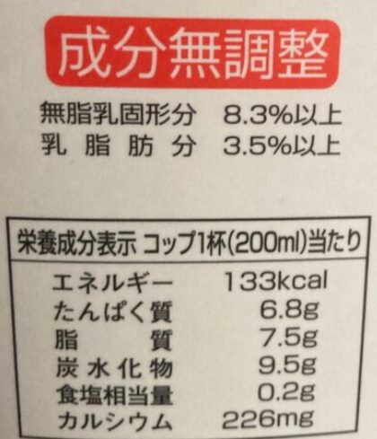 カッテージチーズ作りに使った牛乳の成分表示（無脂乳固形分・乳脂肪分）