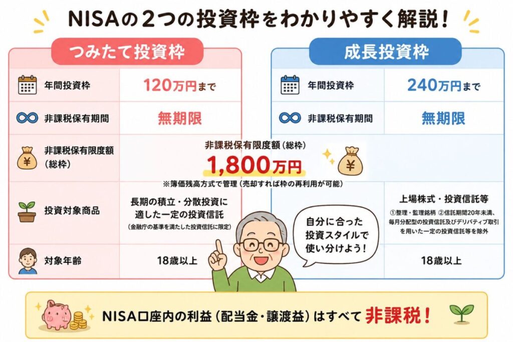 NISAのつみたて投資枠と成長投資枠の違いを比較した図解。年間投資額・非課税期間・対象商品・非課税総額1800万円などを、ゆるいおじさんキャラクター付きで分かりやすく解説したインフォグラフィック。