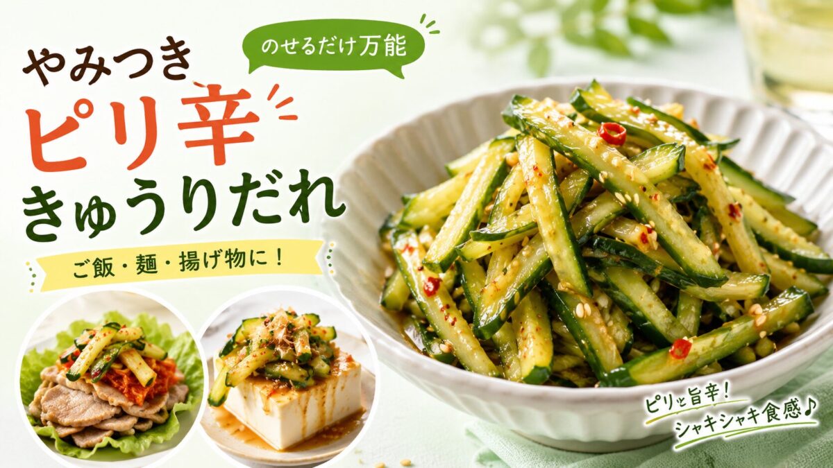 やみつきピリ辛きゅうりだれを盛り付けた料理アイキャッチ画像。ご飯・麺・揚げ物に使える万能きゅうりだれ