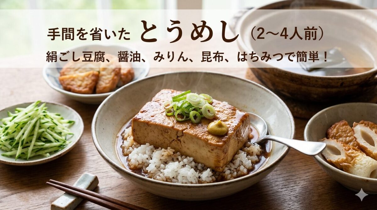 味が染みた豆腐がご飯にのった「とうめし」のイラスト。手前にはネギとからしが添えられたとうめし、周囲にはきゅうりの千切りやちくわ、さつま揚げ、奥には出汁の入った土鍋が配置されている。上部には「手間を省いた とうめし（2〜4人前）絹ごし豆腐、醤油、みりん、昆布、はちみつで簡単！」という文字が入っている。