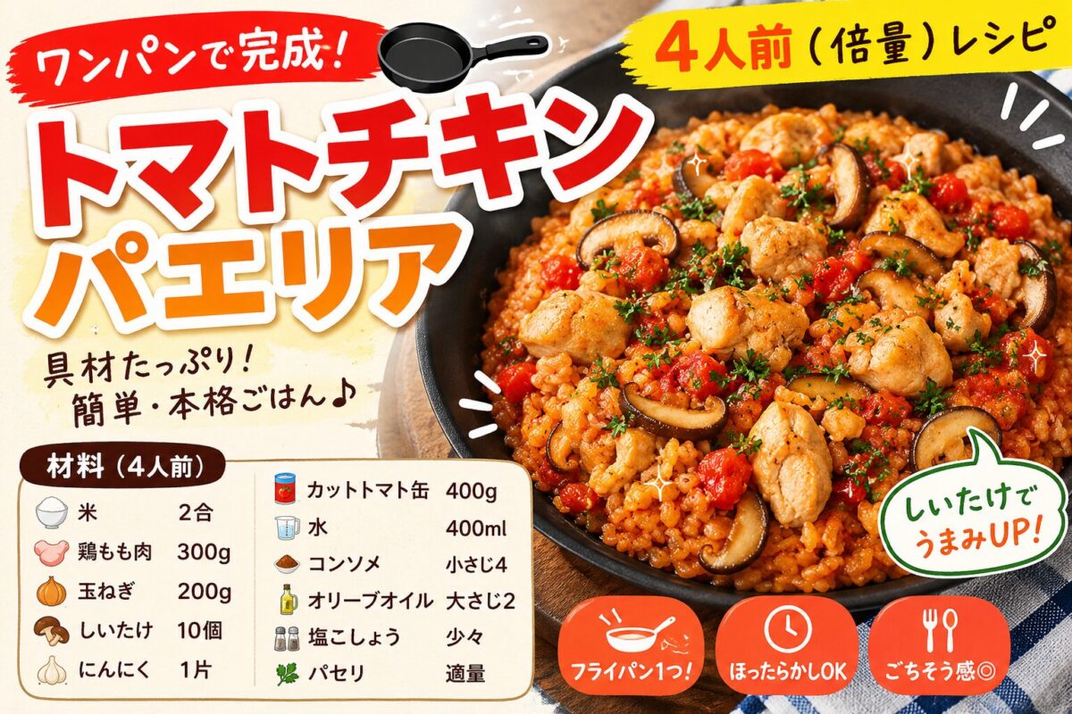 フライパンで作ったしいたけ入りトマトチキンパエリア